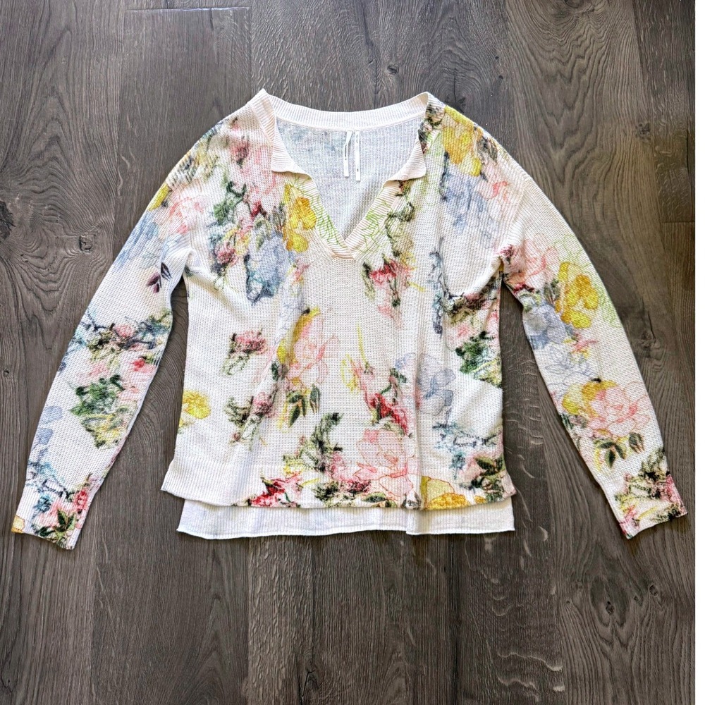 Anthropologie Floral Waffle Knit Sweater XXS Cream Watercolor Multicolor Linen